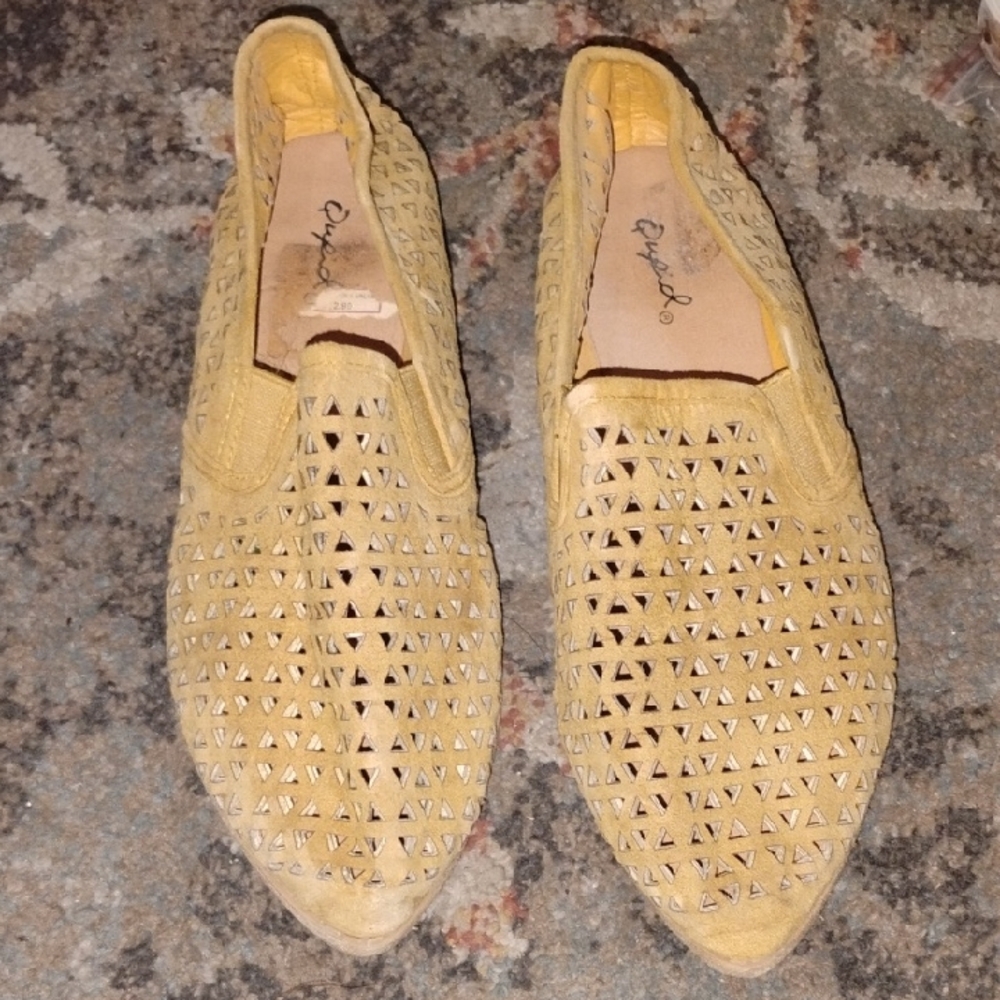 Qupid Yellow Laser-Cut Slip-On Sandals